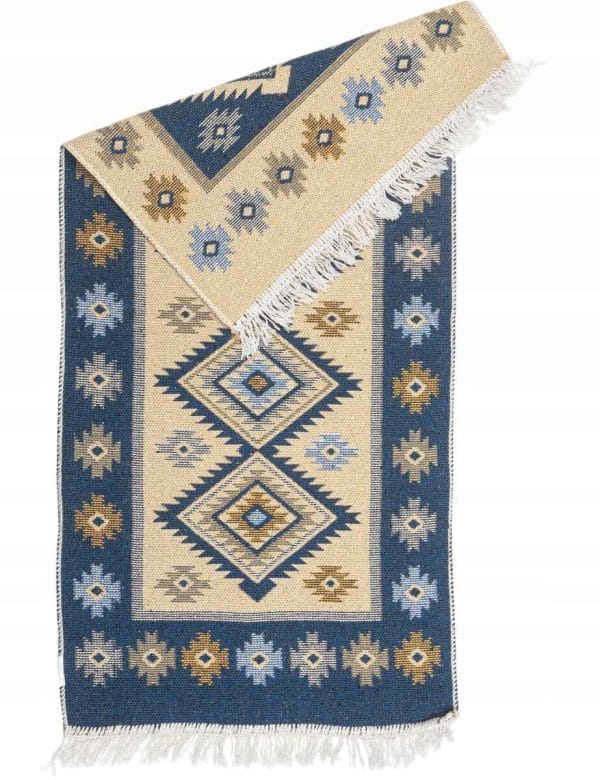 DYWAN KILIM BOHO DUŻY 80 X 150 PŁASKOTKANY BAWEŁNA SZMACIAK NIEBIESKI