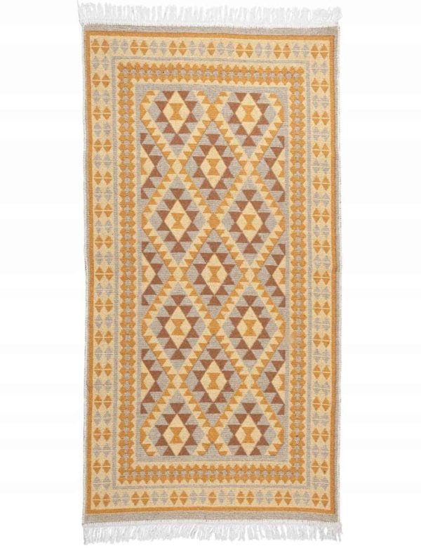 DYWAN BOHO 70 X 140 KILIM PŁASKOTKANY FRĘDZLE ŻÓŁTY BAWEŁNA BALKON ETNICZNY