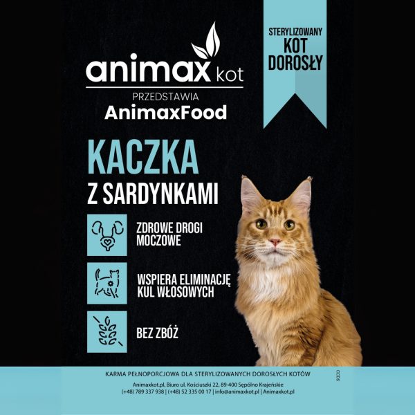 Próbka 100g AnimaxFood Kaczka z sardynkami - Kot sterylizowany, 70% Mięsa !!!