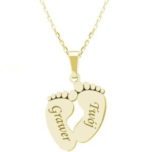 Nowość. srebrny naszyjnik dziecięce stópki z grawerem w super cenie