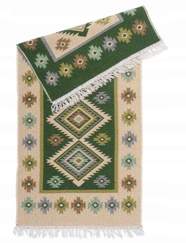 DYWAN KILIM ZIELONY BOHO ETNO BAWEŁNA 80 X 150 ZIELONY Z FRĘDZLAMI SZMACIAK