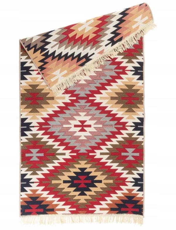 DYWAN KILIM BOHO BAWEŁNA Z FRĘDZLAMI ROMBY 220X160 ETNO SZMACIAK DWUSTRONNY