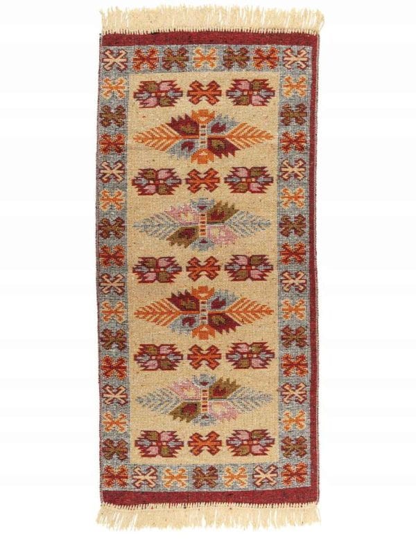 DYWAN BOHO 60 X 120 KILIM PŁASKOTKANY FRĘDZLE BORDO BAWEŁNA BALKON LIŚCIE