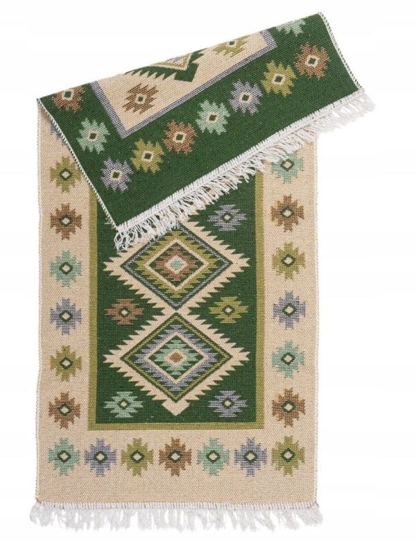 DYWAN KILIM BOHO DWUSTRONNY PŁASKOTKANY ZIELONY BAWEŁNA 120 X 80 FRĘDZLAMI