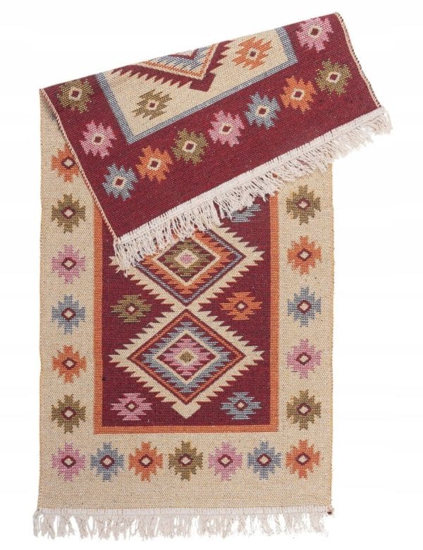 DYWAN KILIM BOHO DWUSTRONNY BORDO 60 X 120 PŁASKOTKANY BAWEŁNA SZMACIAK