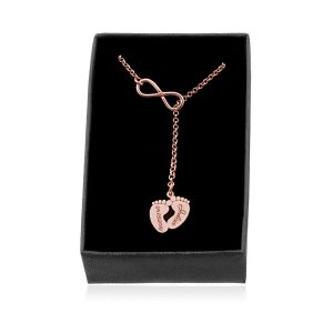 Nowość. Naszyjnik srebrny infinity & stópki rose gold z grawerem – hit cenowy