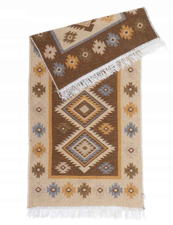 DYWAN KILIM DWUSTRONNY MIODOWY BOHO ROMBY ETNO 80 X 150 FRĘDZLE SZMACIAK