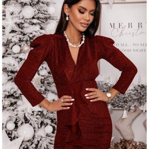 Nowość. czerwona sukienka z brokatem i bufkami w super cenie