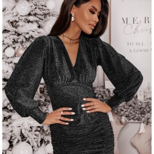 Nowość. Srebrna brokatowa sukienka z marszczeniem w super cenie