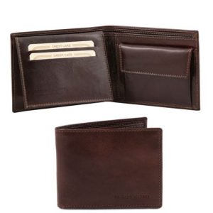 Tuscany Leather Ekskluzywny skórzany portfel męski z kieszenią na monety - 3-krotnie składany , kolor ciemny brąz TL140763