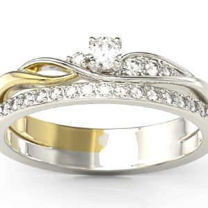 Pierścionek z białego i żółtego złota z białym szafirem, bogato zdobiony brylantami BP-77BZ