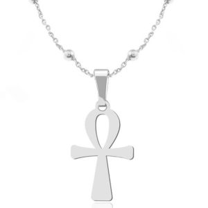 Srebrny krzyż Ankh naszyjnik na łańcuszku kulki