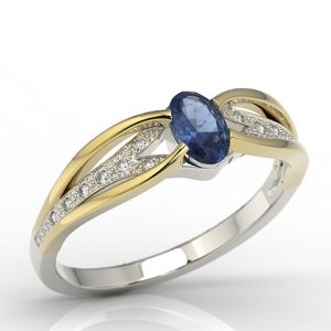 Pierścionek z białego i żółtego złota z szafirem i diamentami LP-39BZ