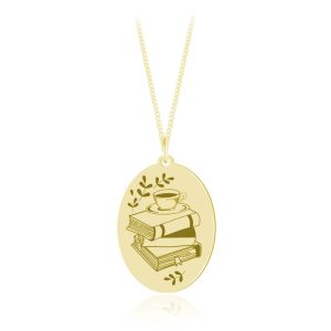 Srebrny naszyjnik - Avery - Książka i kawa - Grawer - 24k złocenie