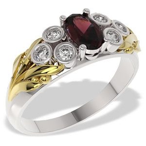 Pierścionek z białego i żółtego złota z granatem i diamentami LP-38BZ