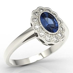 Pierścionek z białego złota z szafirem i diamentami LP-79B