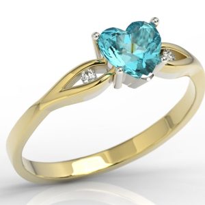 Pierścionek z żółtego i białego złota z niebieskim topazem w kształcie serca i diamentami LP-71ZB
