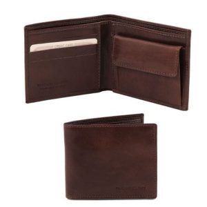 Tuscany Leather Ekskluzywny skórzany portfel męski z kieszenią na monety - 2-krotnie składany , kolor ciemny brąz TL140761