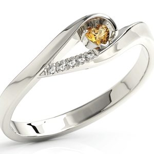 Pierścionek z białego złota z topazem Swarovski miodowym i brylantami BP-70B