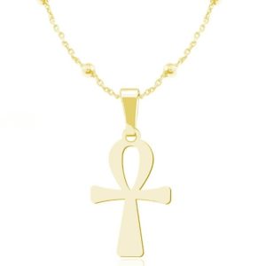 Srebrny krzyż Ankh naszyjnik na łańcuszku kulki - 24k złocenie