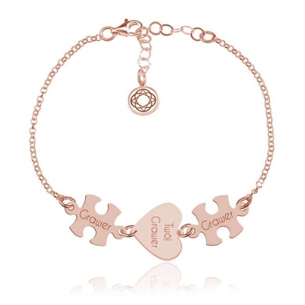 Srebrna bransoletka z Puzzlami i Sercem - Grawer - rose gold