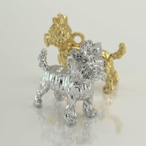 Wisiorek z żółtego złota z figurką psa rasy York