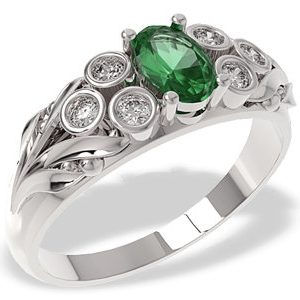 Pierścionek z białego złota ze szmaragdem i diamentami LP-38B