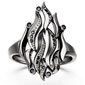 Pierścionek "płomień" ze złota rodowanego na czarno z czarnymi szafirami AP-5711B-R-CZ