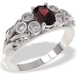 Pierścionek z białego złota z granatem i diamentami LP-38B