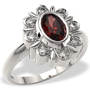 Pierścionek z białego złota z granatem i diamentami LP-57B