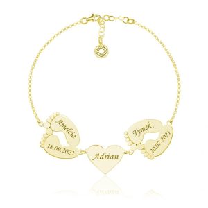 Srebrna bransoletka Stópki i Serce dla Mamy grawer - 24k złocenie