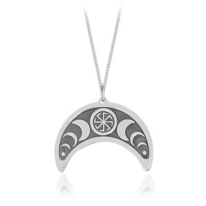 Srebrny naszyjnik Mira II - księżyc Lunula i Kołowrót - grawer