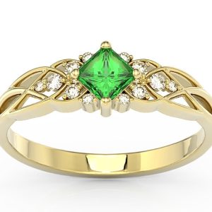 Pierścionek z żółtego złota z zielonym topazem Swarovski i diamentami BP-86Z