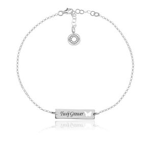 Srebrna bransoletka Mela Fly z prostokatną blaszką i Motylem - grawer