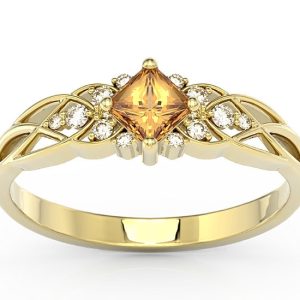 Pierścionek z żółtego złota z topazem Swarovski miodowym i diamentami BP-86Z