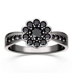 Pierścionek ze złota z czarnym rodem z czarnymi szafirami JP-95B-R-CZ