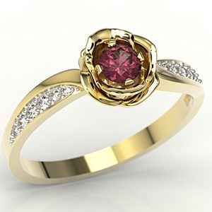 Pierścionek z żółtego złota w kształcie róży z rubinem i diamentami LP-4234B