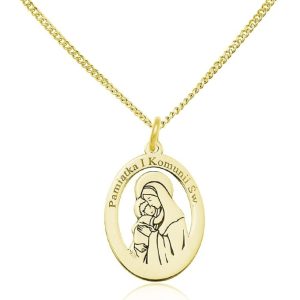 Srebrny naszyjnik - Medalik z Matką Boską - Pamiątka I Komunii Świętej - 24k złocenie