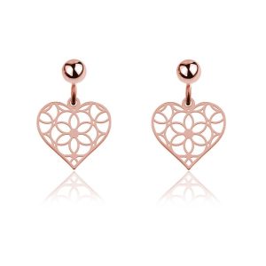 Srebrne kolczyki ażurowe serca wiszące - rose gold