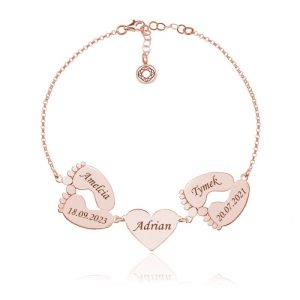 Srebrna bransoletka Stópki i Serce dla Mamy grawer - rose gold