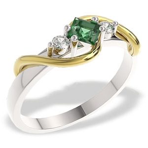 Pierścionek z białego i żółtego złota ze szmaragdem i diamentami, LP-32BZ