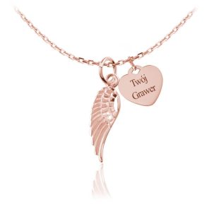 Naszyjnik srebrny skrzydełko i serduszko - grawer - rose gold