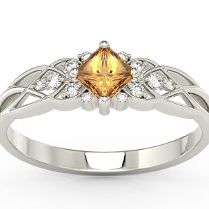 Pierścionek z białego złota z topazem Swarovski miodowym i diamentami BP-86B