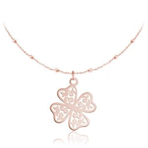 Srebrny naszyjnik ażurowa Koniczynka - łańcuszek kulki - rose gold