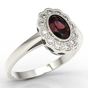 Pierścionek z białego złota z granatem i diamentami LP-79B