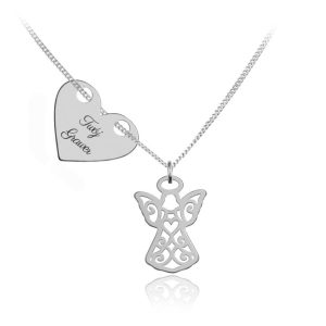 Srebrny naszyjnik - Ażurowy Aniołek z serduszkiem - grawer gratis!