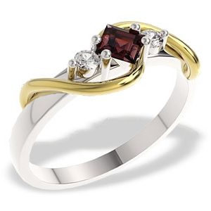 Pierścionek z białego i żółtego złota z granatem i diamentami, LP-32BZ