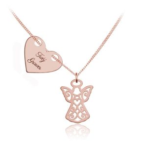 Srebrny naszyjnik - Ażurowy Aniołek z serduszkiem - grawer gratis! Rose gold
