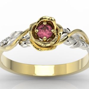 Pierścionek złoty w kształcie róży z rubinem i brylantami LP-7715ZB