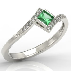Pierścionek z białego złota ze szmaragdem i cyrkoniami LP-46B